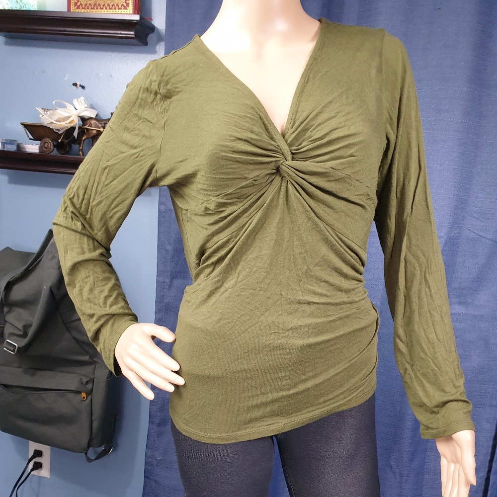 Twist Front Ribbed Knit Top Green size XL